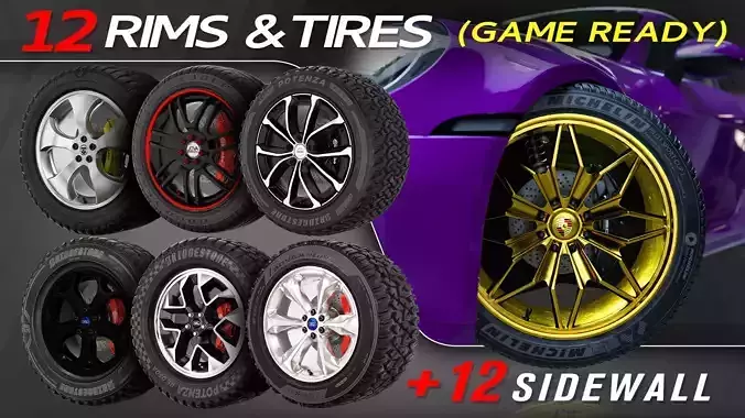12 Wheels With Sidewalls Low-poly 3D model
