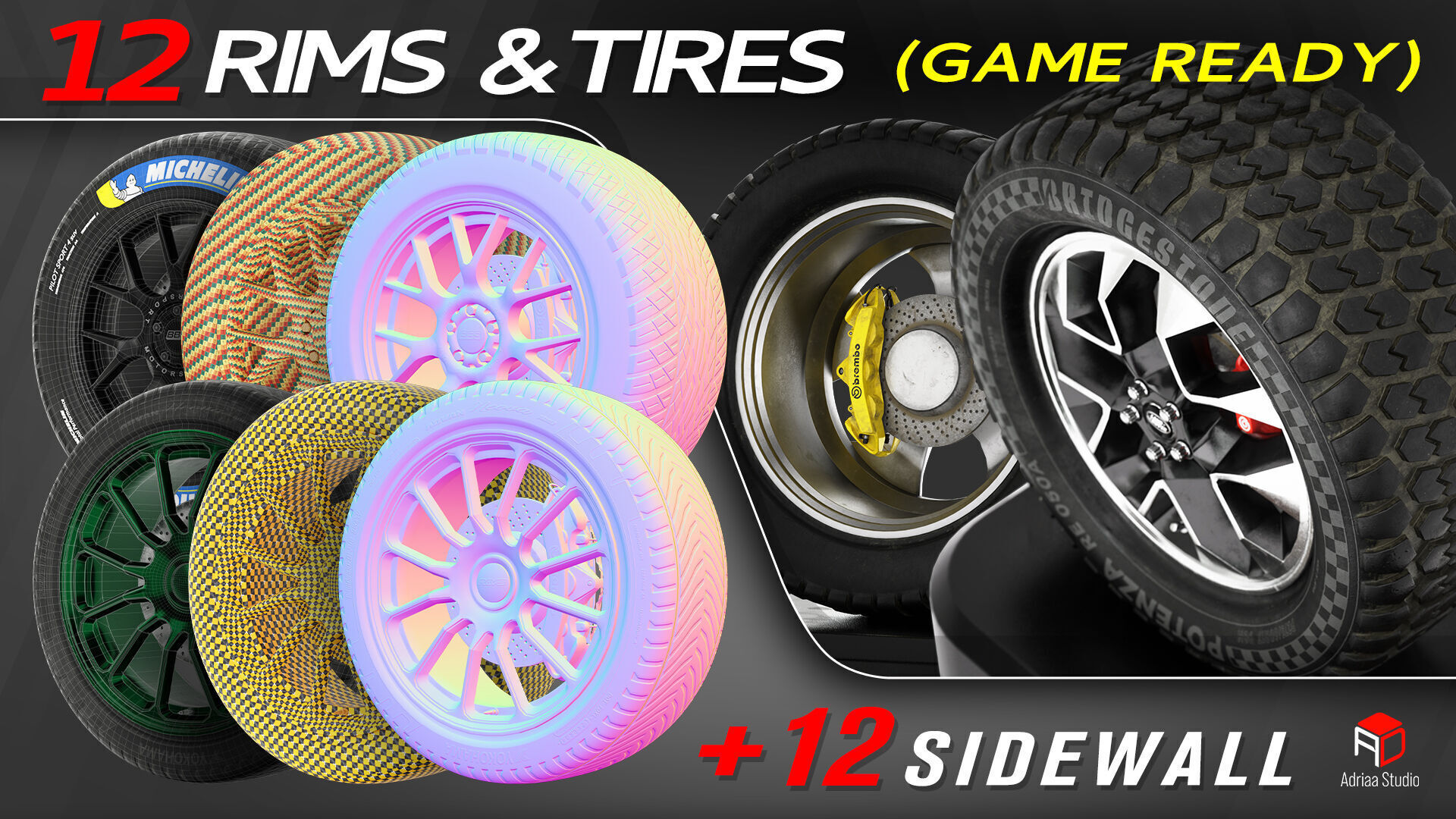 12 Wheels With Sidewalls Low-poly 3D model_11