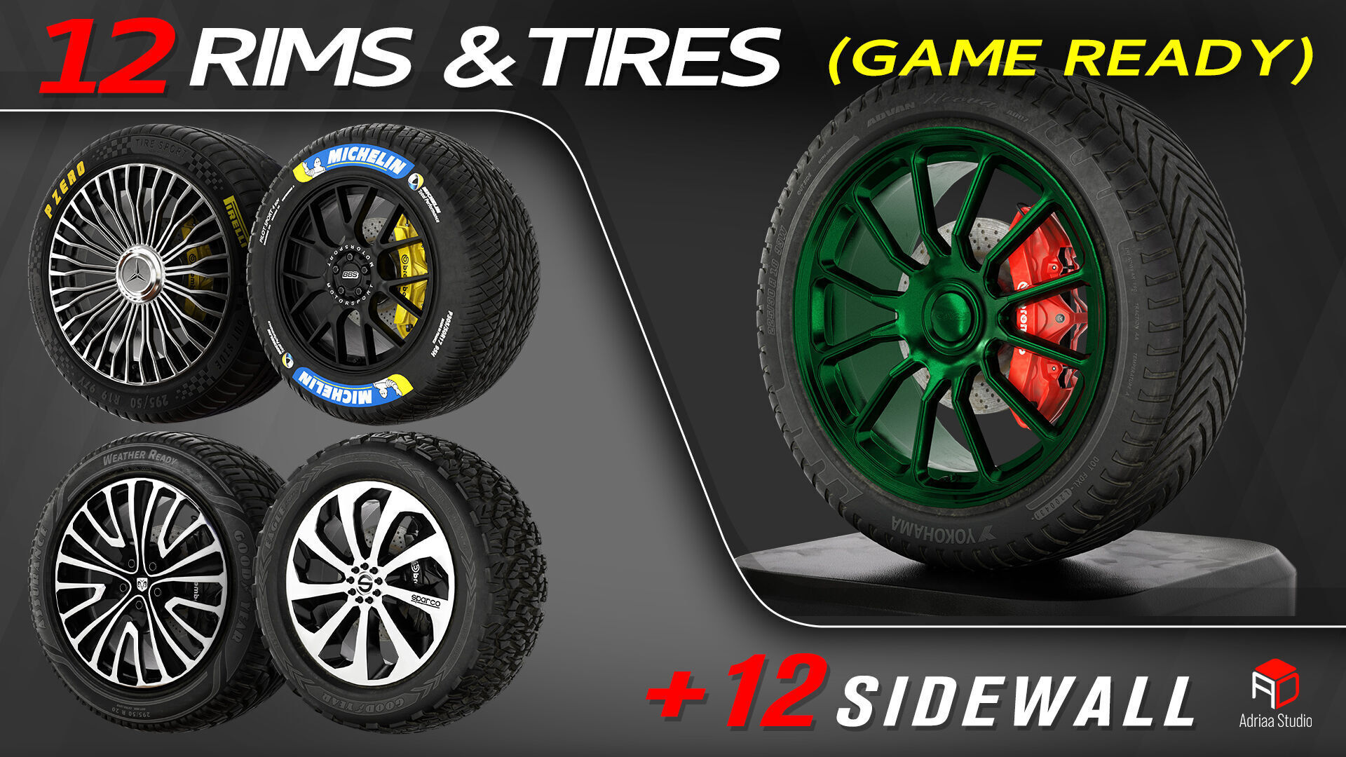 12 Wheels With Sidewalls Low-poly 3D model_5