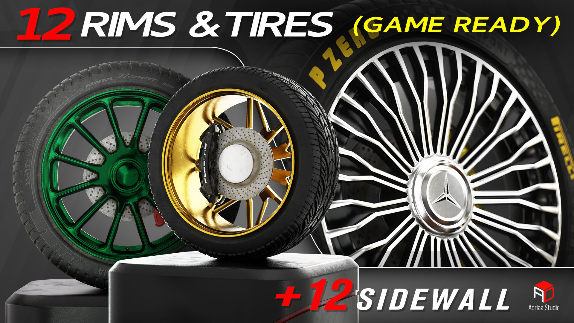 12 Wheels With Sidewalls Low-poly 3D model_8