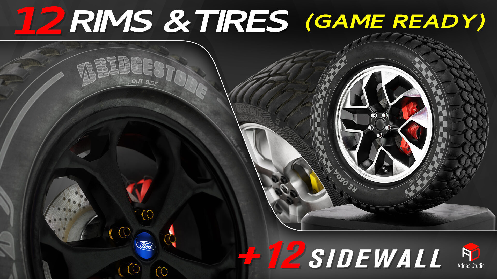 12 Wheels With Sidewalls Low-poly 3D model_7