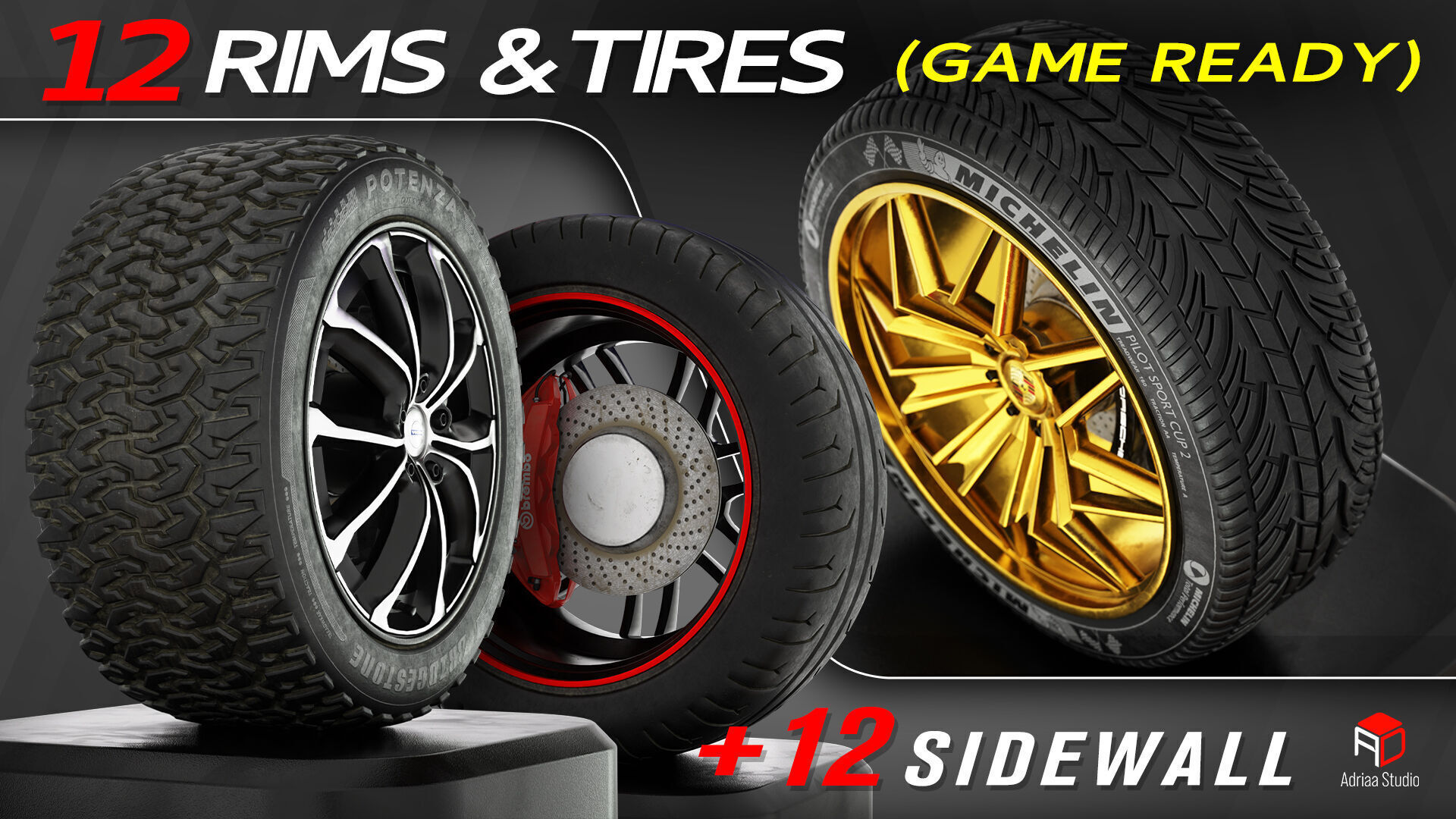 12 Wheels With Sidewalls Low-poly 3D model_6