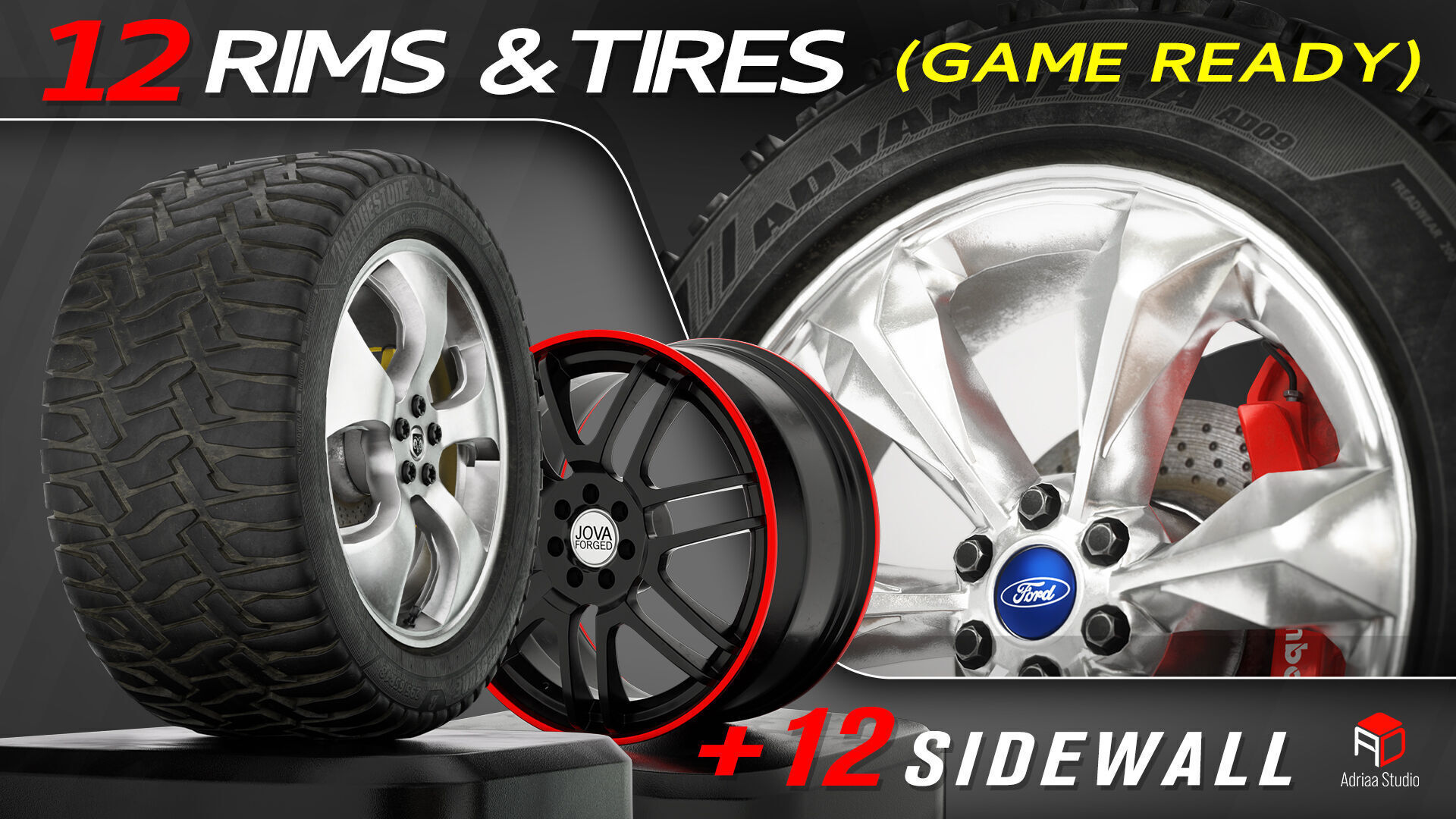 12 Wheels With Sidewalls Low-poly 3D model_9