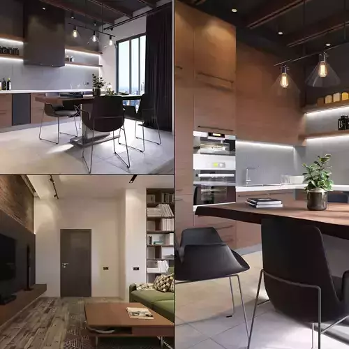 Wooden Kitchen And Living Room