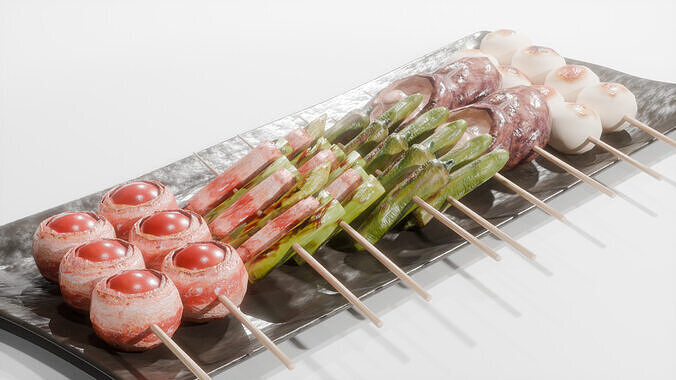 Yakitori assortment -5 types side dishes Low-poly 3D model 4