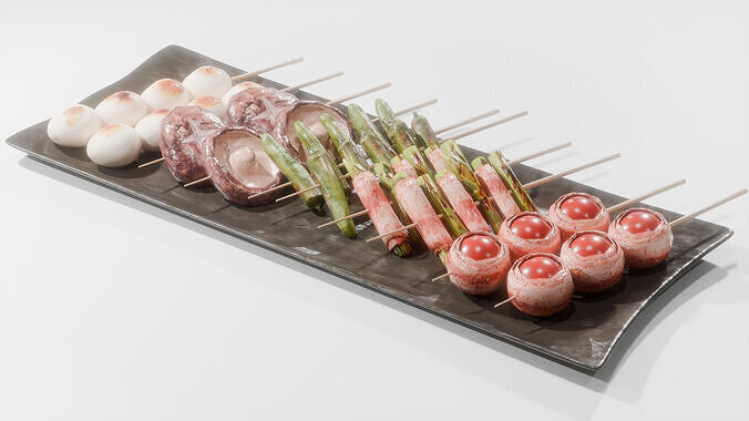 Yakitori assortment -5 types side dishes Low-poly 3D model 2