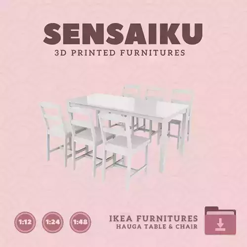 HAUGA Dining Table and Chair V2 for Dollhouse IKEA 3D Print 3D print model