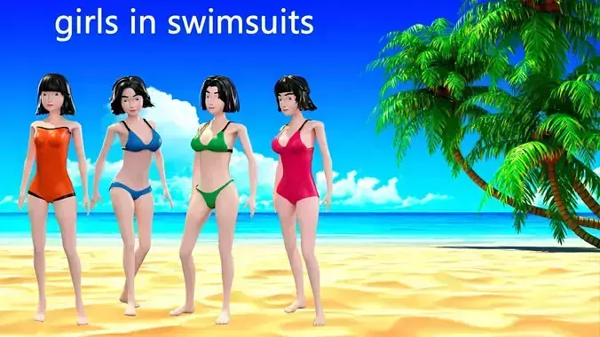 Cartoon characters - girls in swimsuits Low-poly 3D model