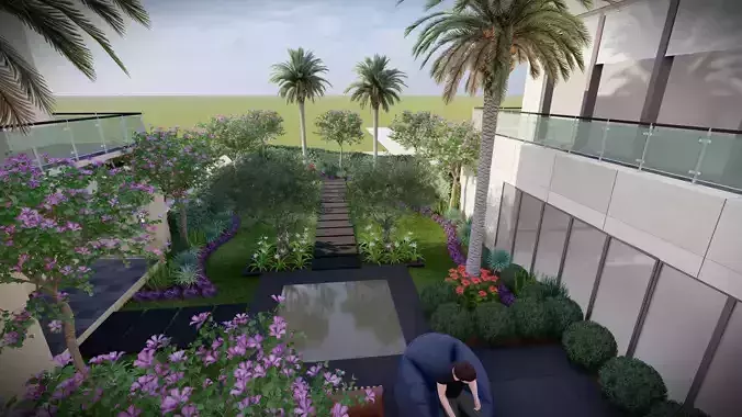 Elegant Villa Entrance Landscape with Walkways and Seating