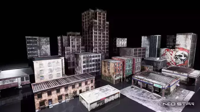 Post Apocalyptic Abandoned Buildings Low-poly 3D model