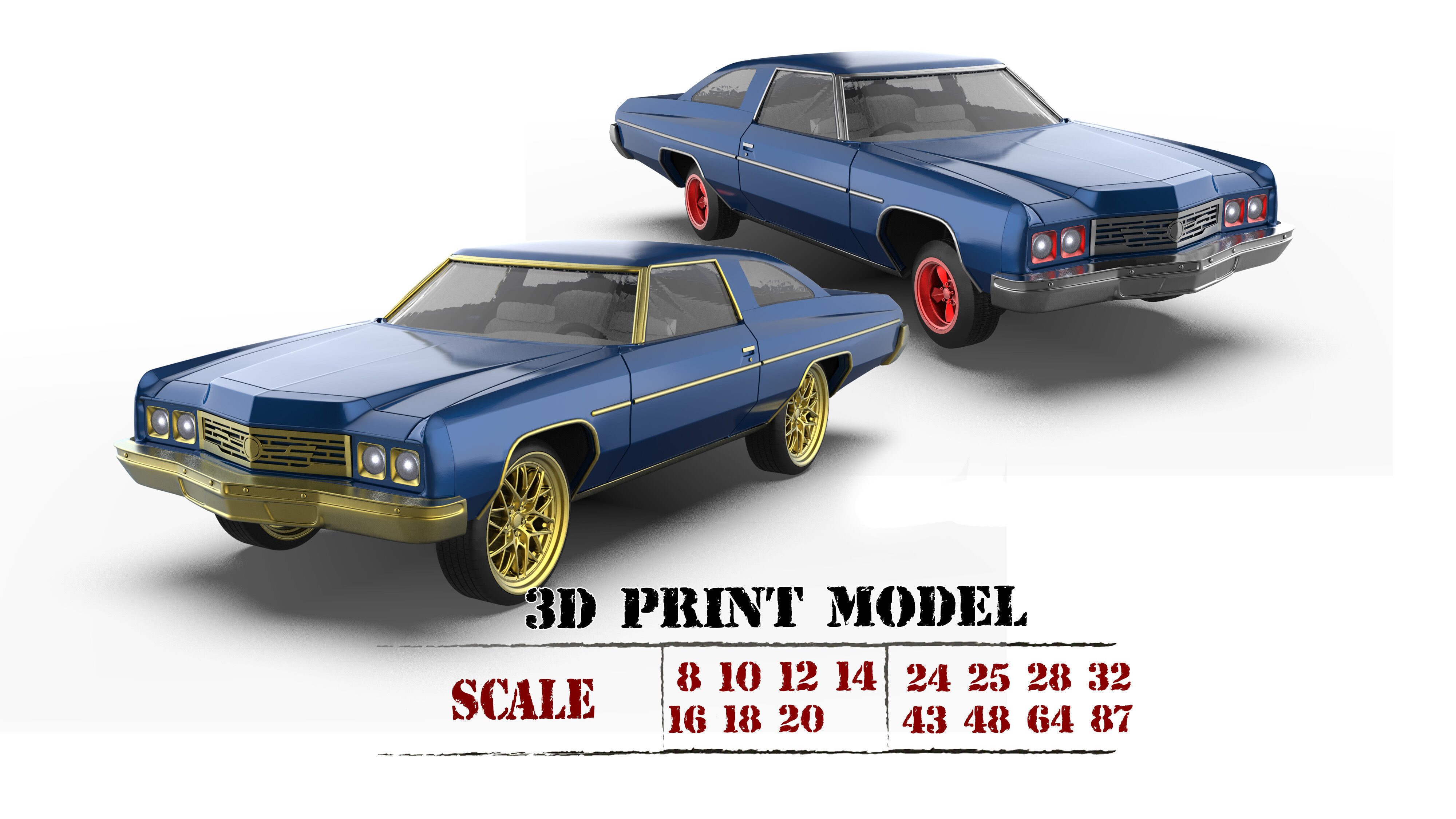 Chevy Impala 2 door two vers of Donk and Lowride wheels 3D print model_1