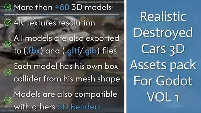 Realistic Destroyed Cars 3D Assets Pack For Godot Vol 1 Low-poly 3D model