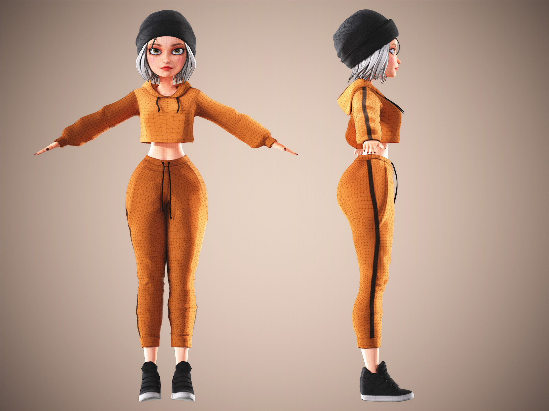 Game Cartoon Mona Girl Character rigged Low-poly 3D model_5