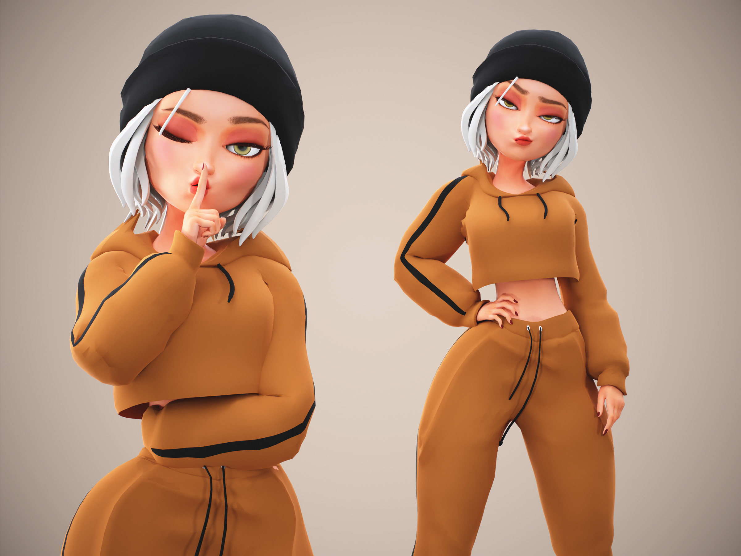 Game Cartoon Mona Girl Character rigged Low-poly 3D model_1