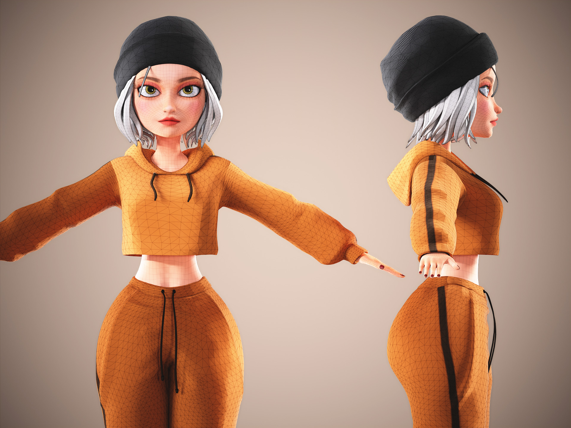 Game Cartoon Mona Girl Character rigged Low-poly 3D model_9