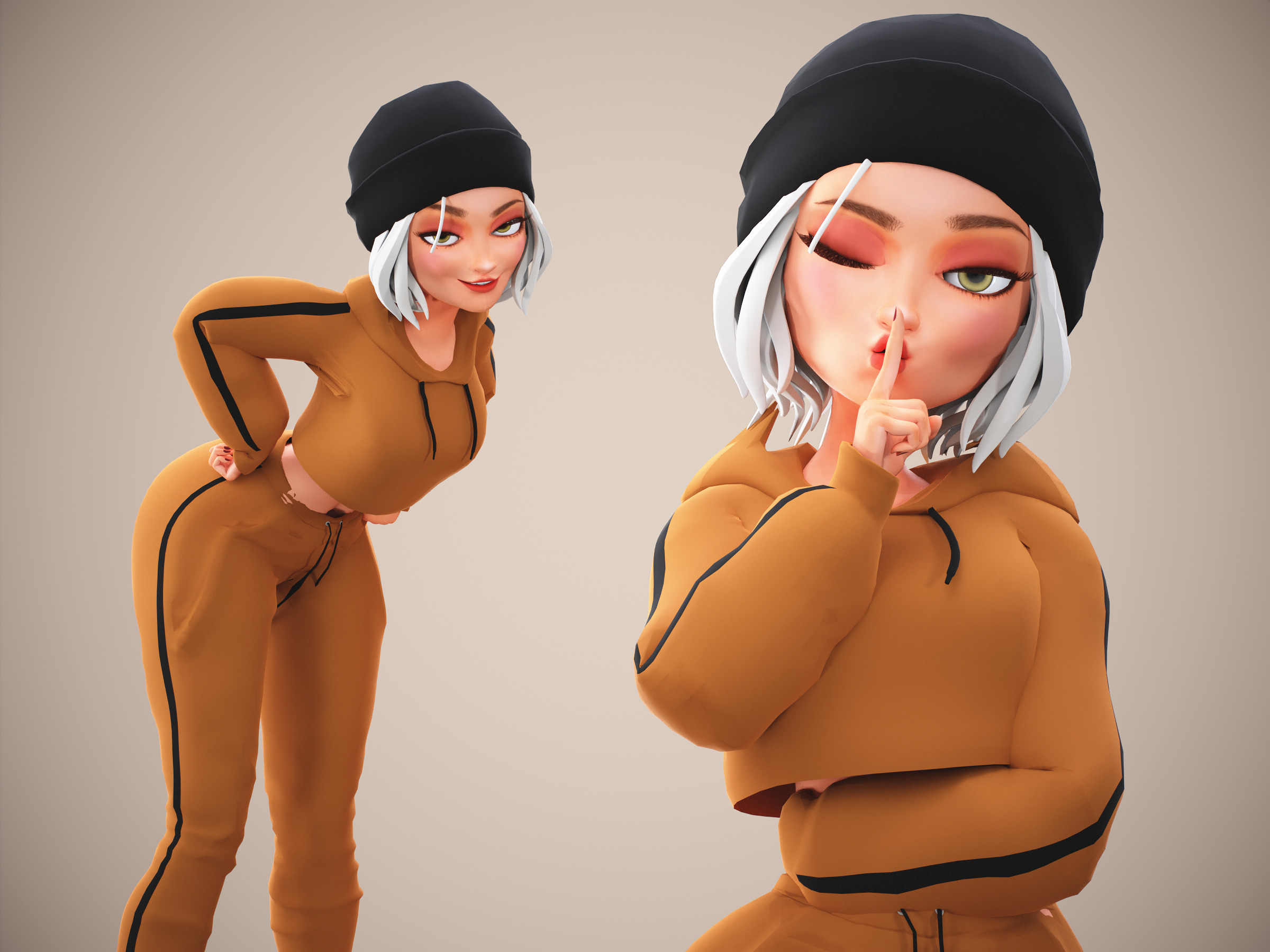 Game Cartoon Mona Girl Character rigged Low-poly 3D model_3