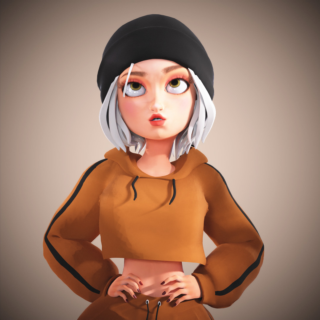 Game Cartoon Mona Girl Character rigged Low-poly 3D model_20