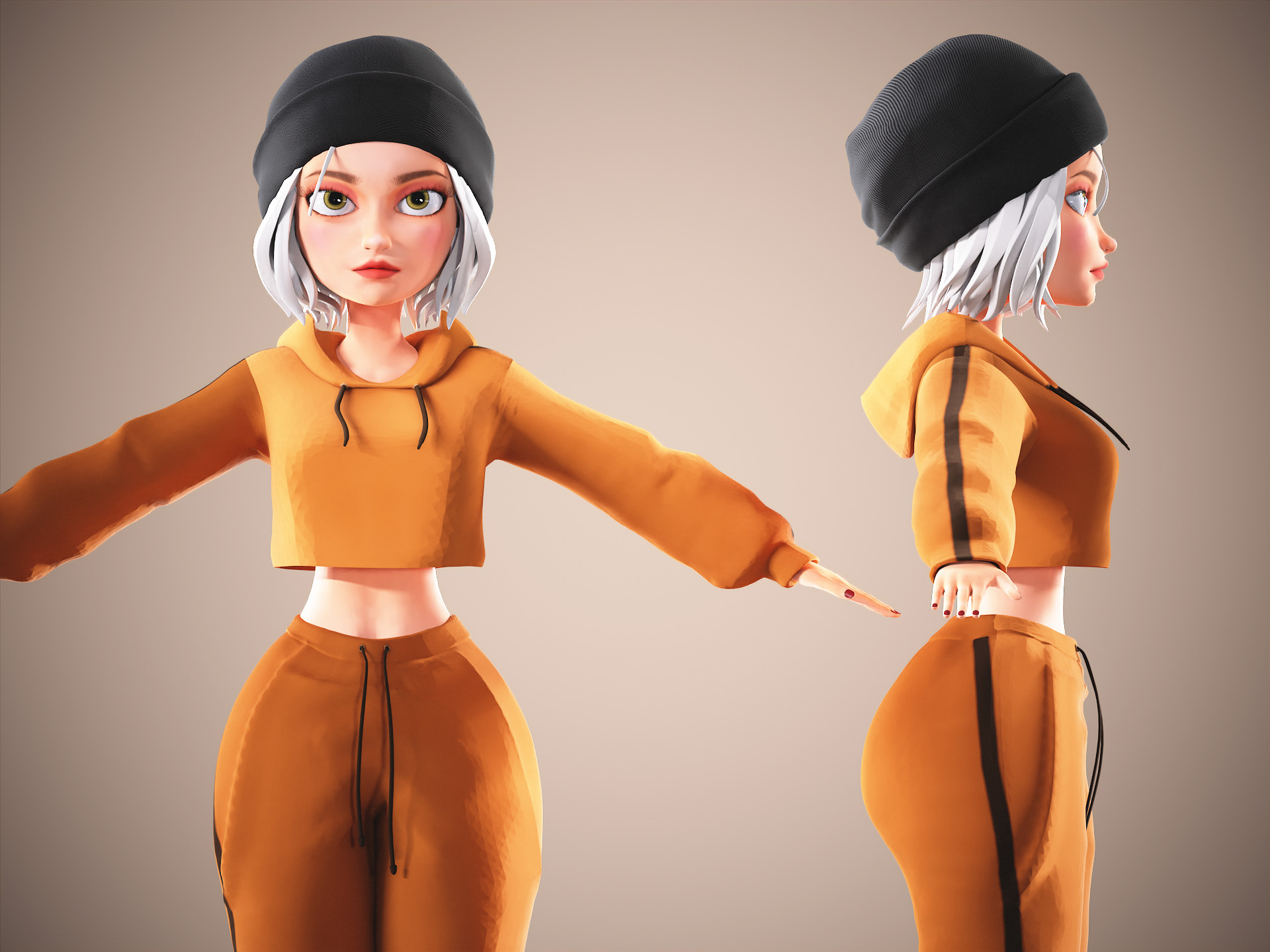 Game Cartoon Mona Girl Character rigged Low-poly 3D model_11