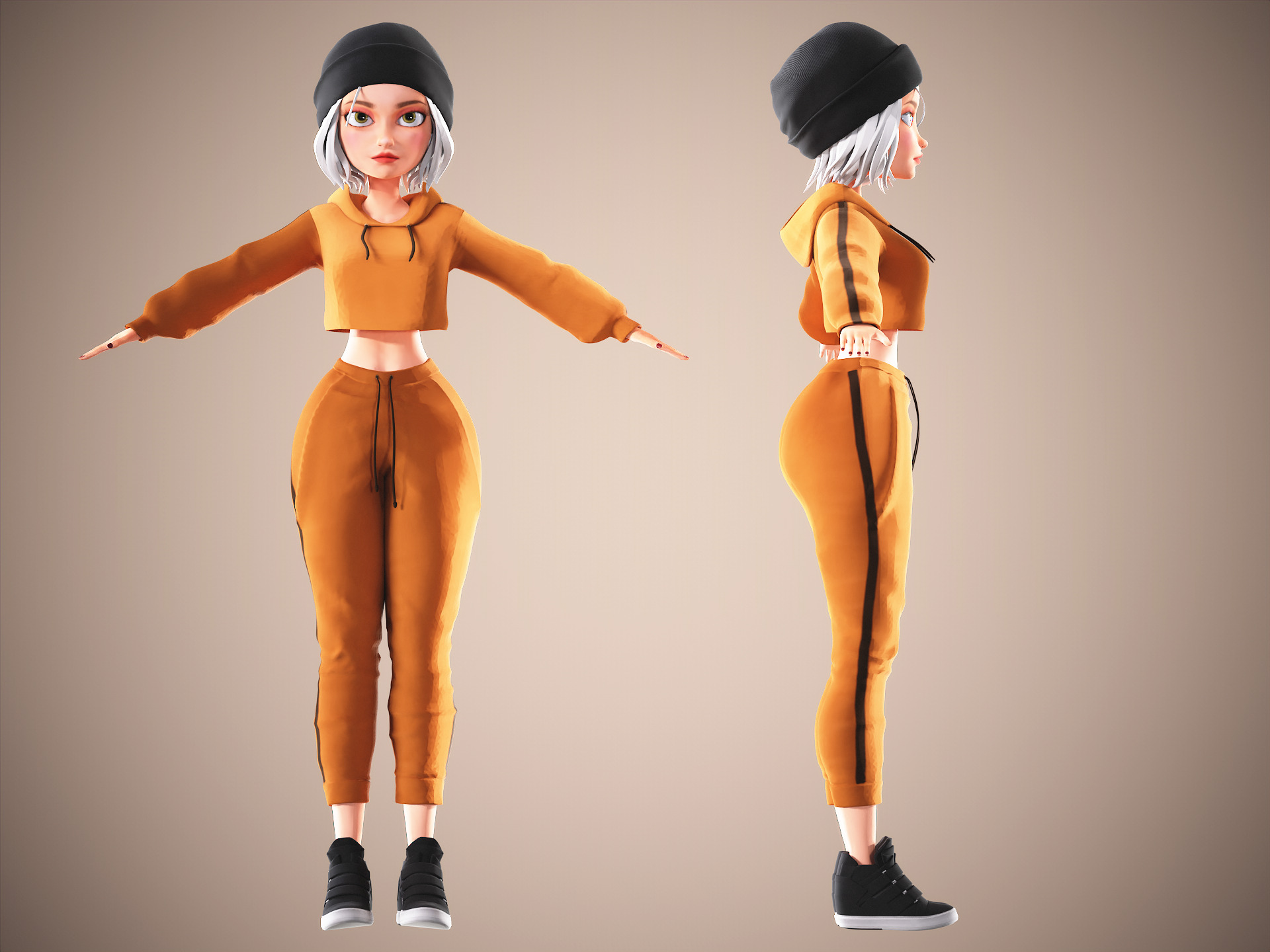 Game Cartoon Mona Girl Character rigged Low-poly 3D model_4