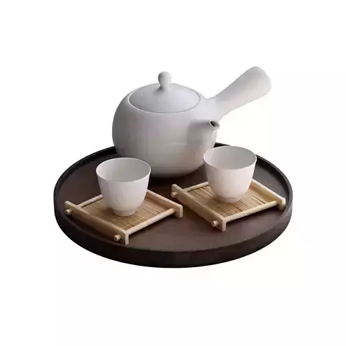 White Tea Set with Bamboo Coasters and Wooden Tray