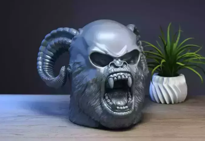 Skull Gorilla scream with horns sculpture 3D print model