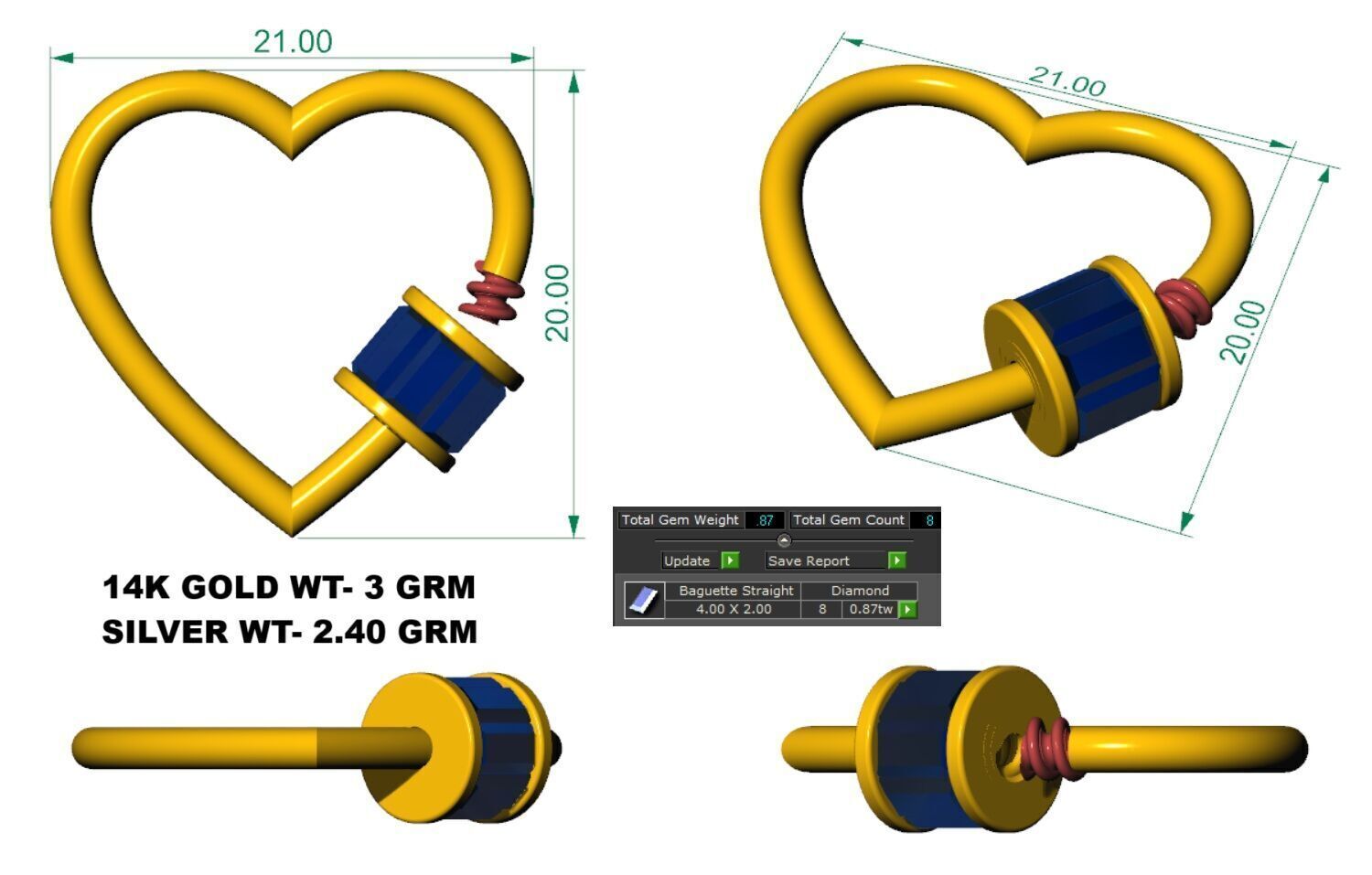 Baguette Heart Carabiner Lock 3D print model_11