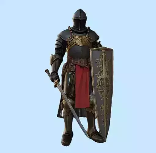 Medieval Black Knight with Ornate Shield and Sword 3D print model