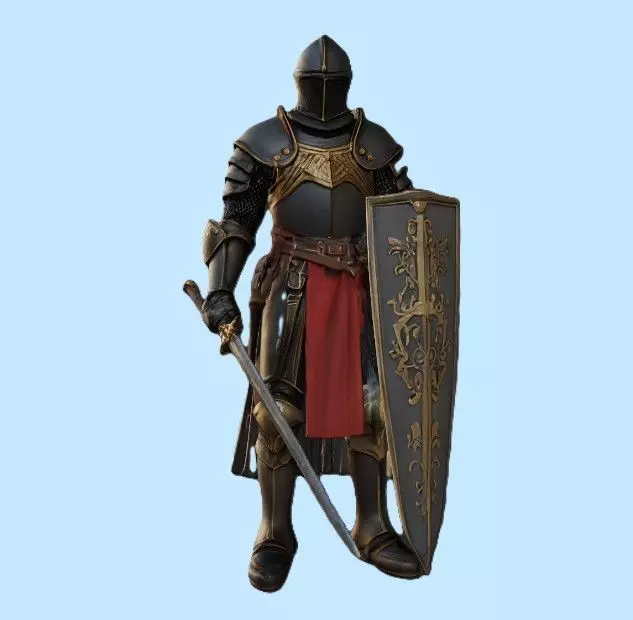Medieval Black Knight with Ornate Shield and Sword 3D print model_0