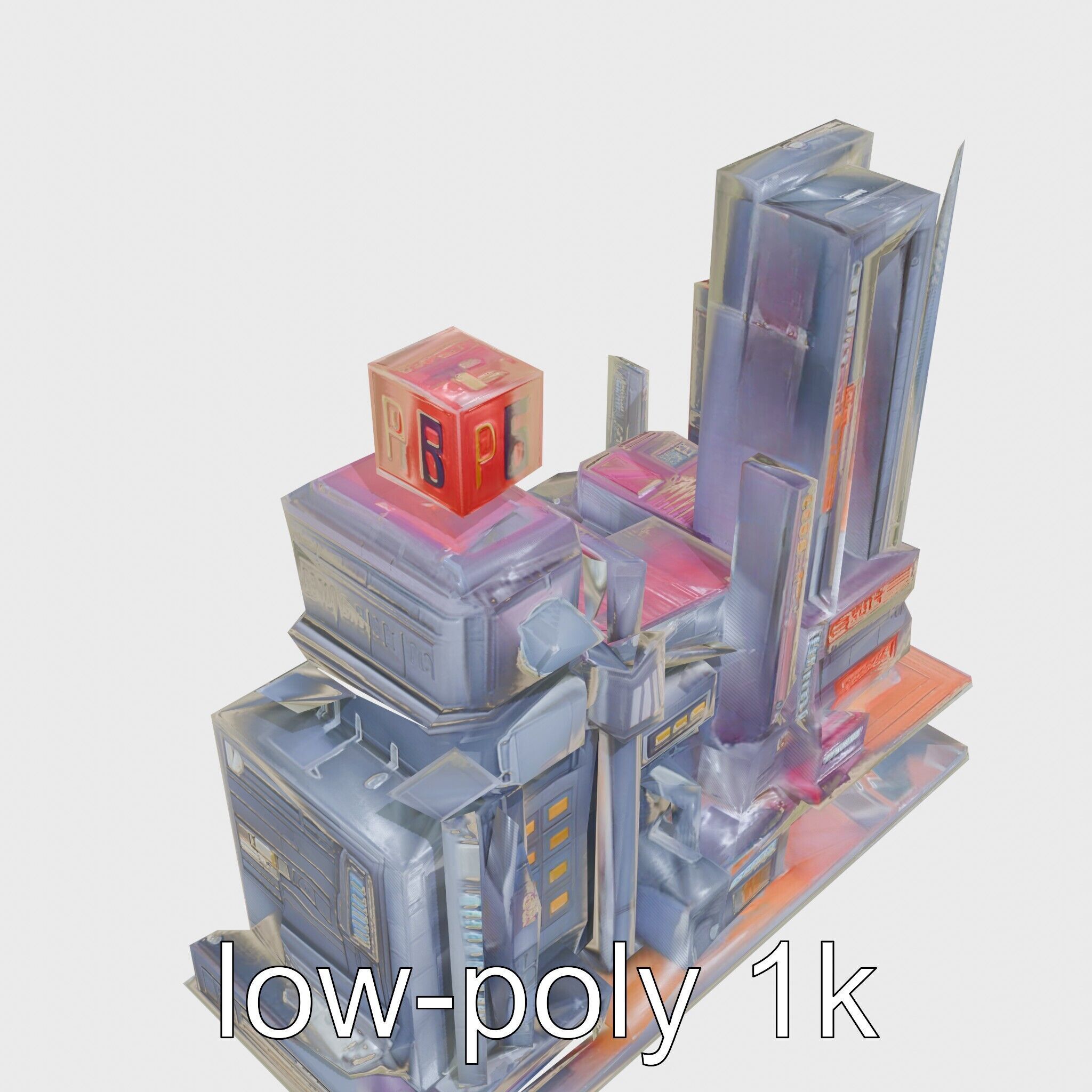 Cyberpunk Skyscraper Neon Signs Night Scene Low-poly 3D model_15