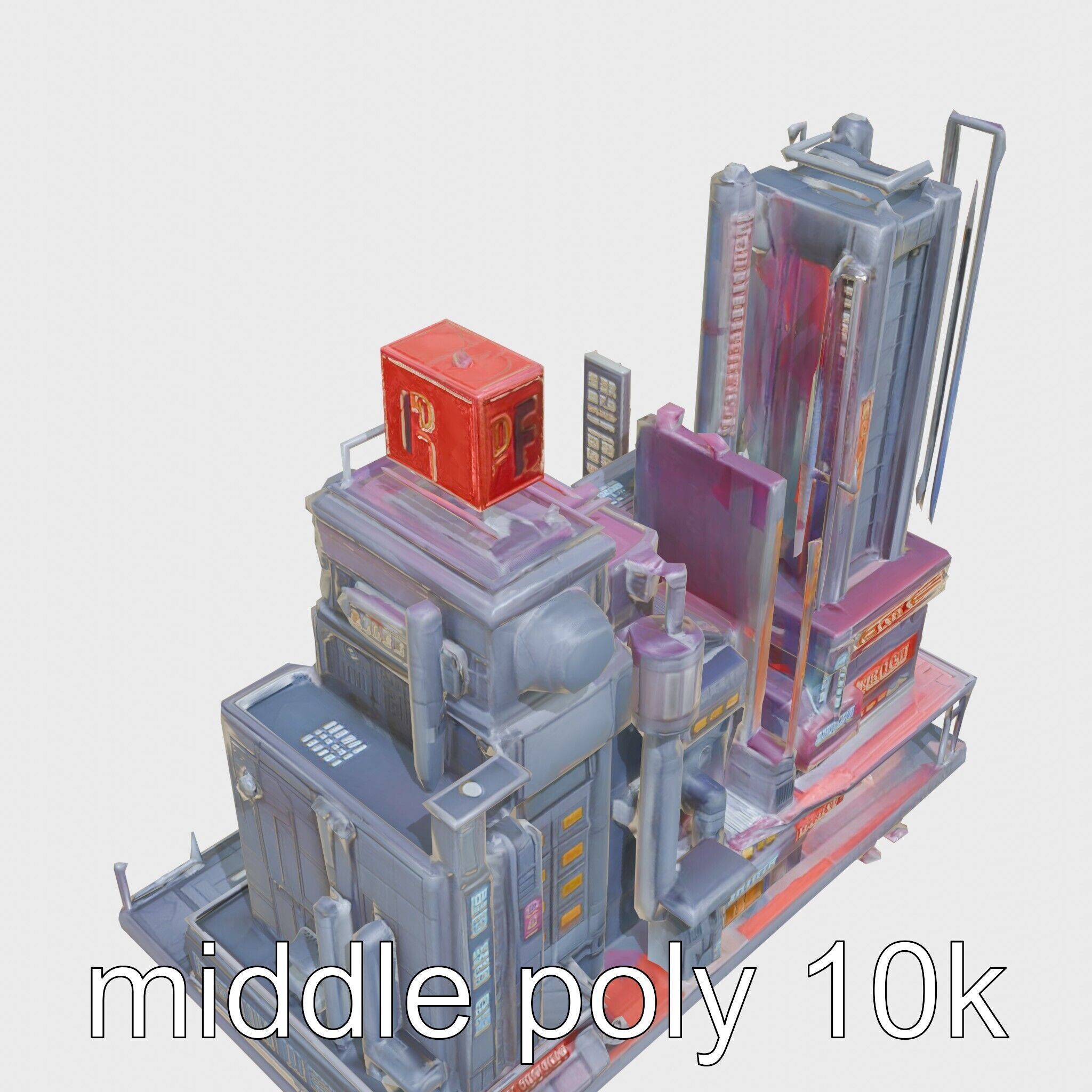 Cyberpunk Skyscraper Neon Signs Night Scene Low-poly 3D model_30
