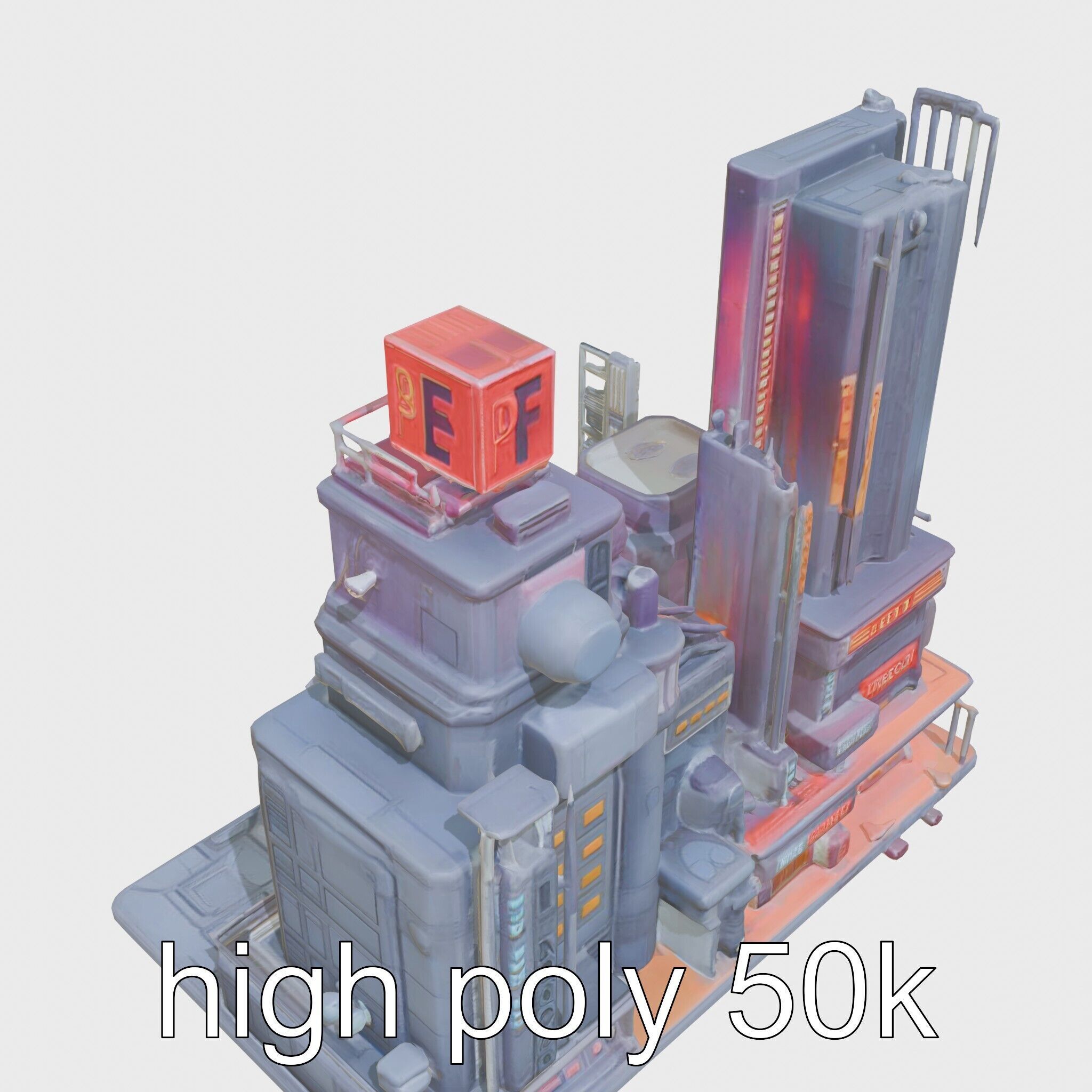 Cyberpunk Skyscraper Neon Signs Night Scene Low-poly 3D model_8