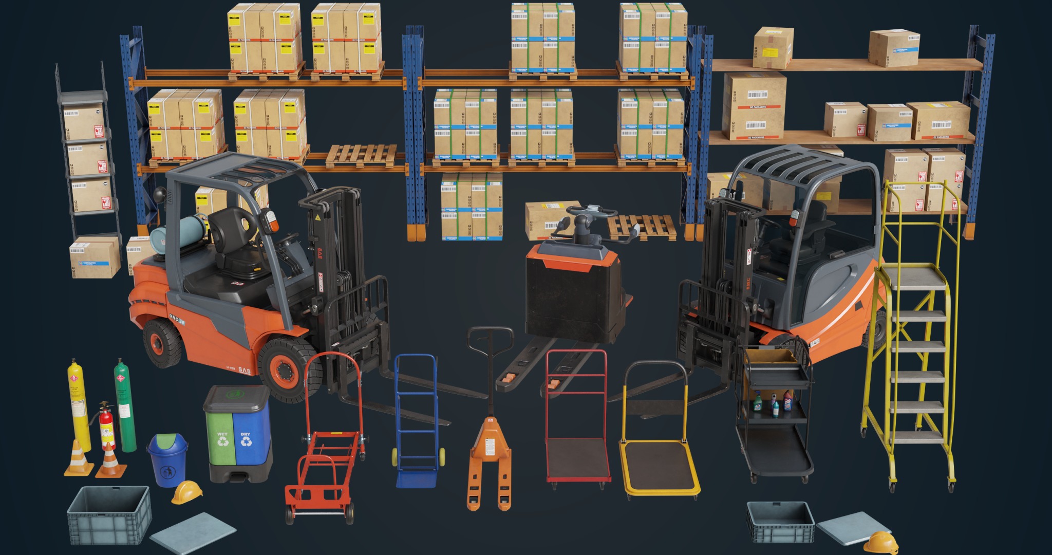 Cargo Pallets and Forklift Trucks Collection All PBR Textures _1