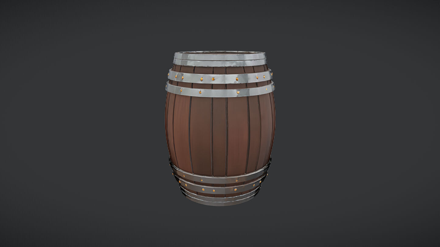 wooden barrel with metal band 3D model_1