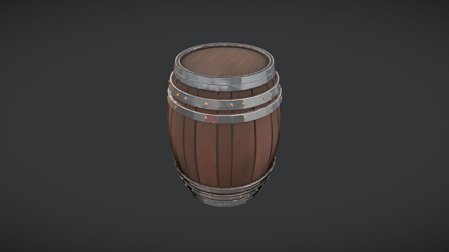 wooden barrel with metal band 3D model_2