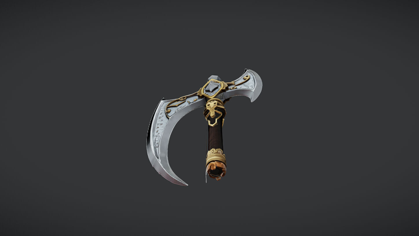 ornate decorative axe with intricate designs and long handle 3D model_10