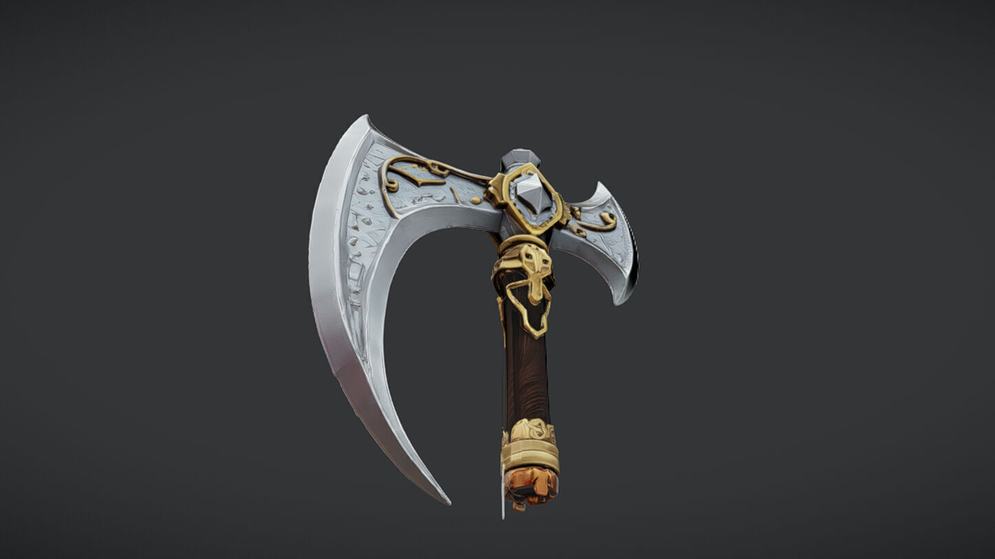 ornate decorative axe with intricate designs and long handle 3D model_13