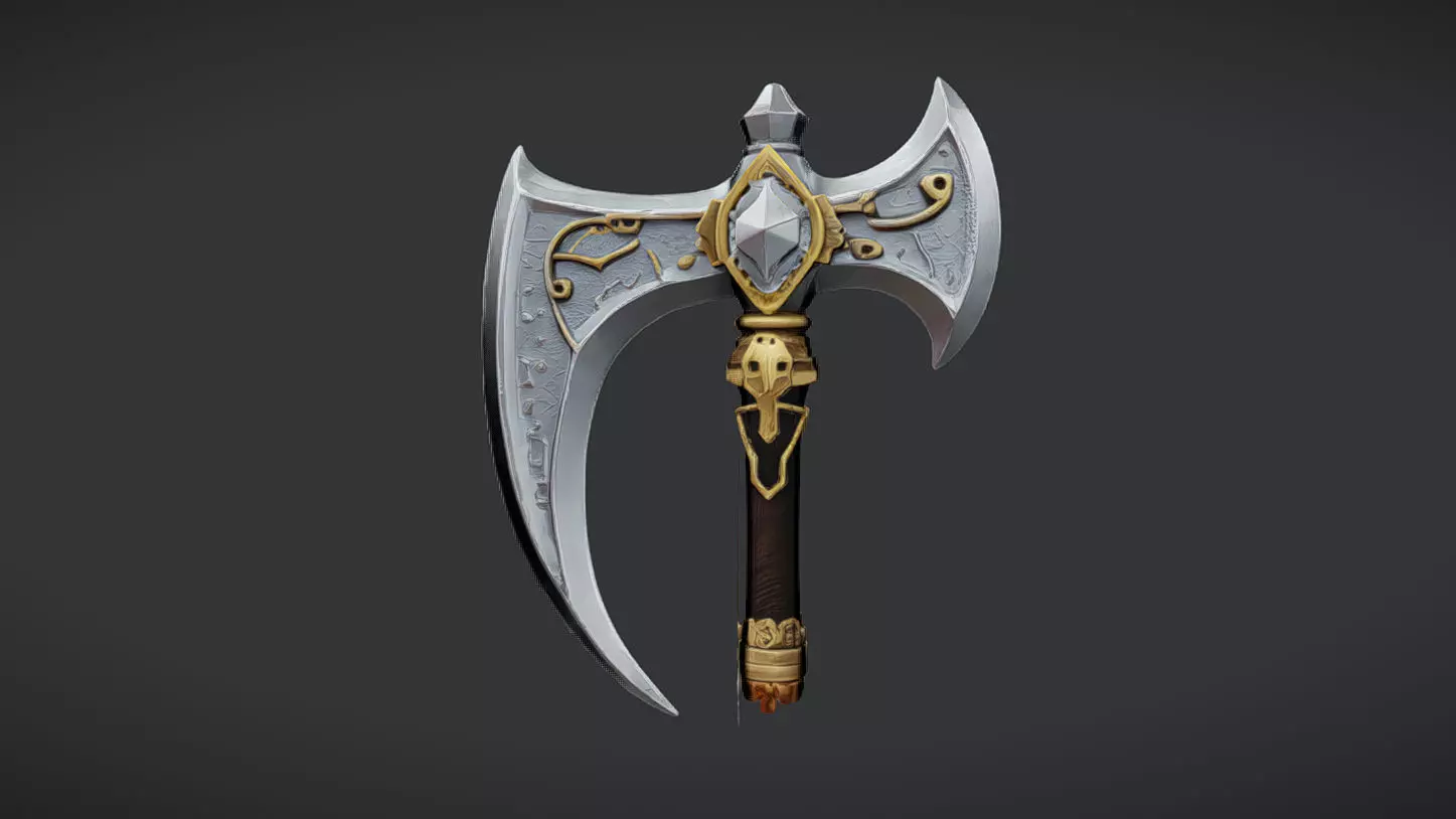 ornate decorative axe with intricate designs and long handle 3D model_0