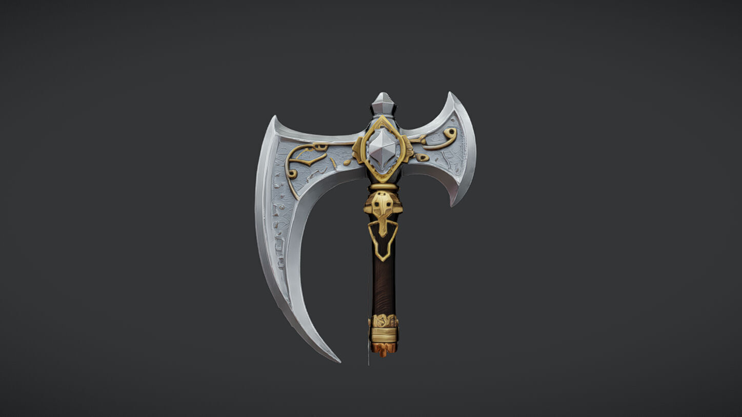 ornate decorative axe with intricate designs and long handle 3D model_11