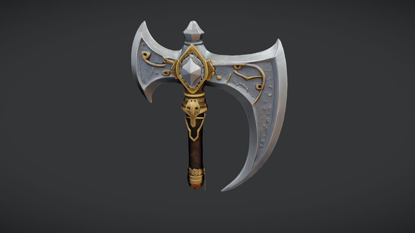ornate decorative axe with intricate designs and long handle 3D model_4