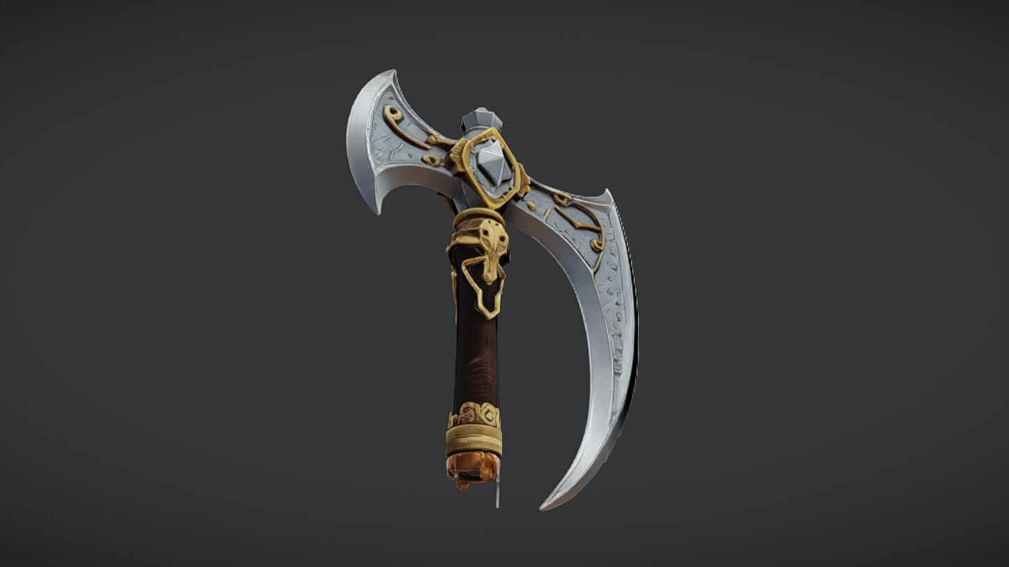 ornate decorative axe with intricate designs and long handle 3D model_2