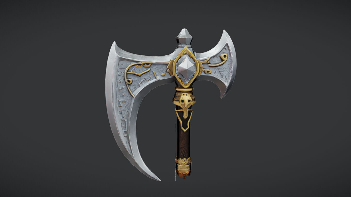 ornate decorative axe with intricate designs and long handle 3D model_12
