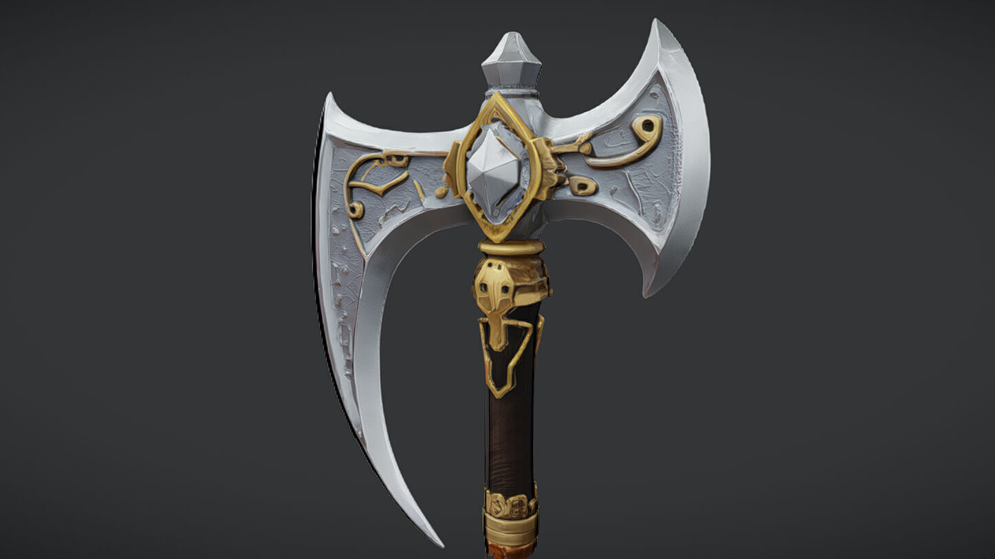 ornate decorative axe with intricate designs and long handle 3D model_8