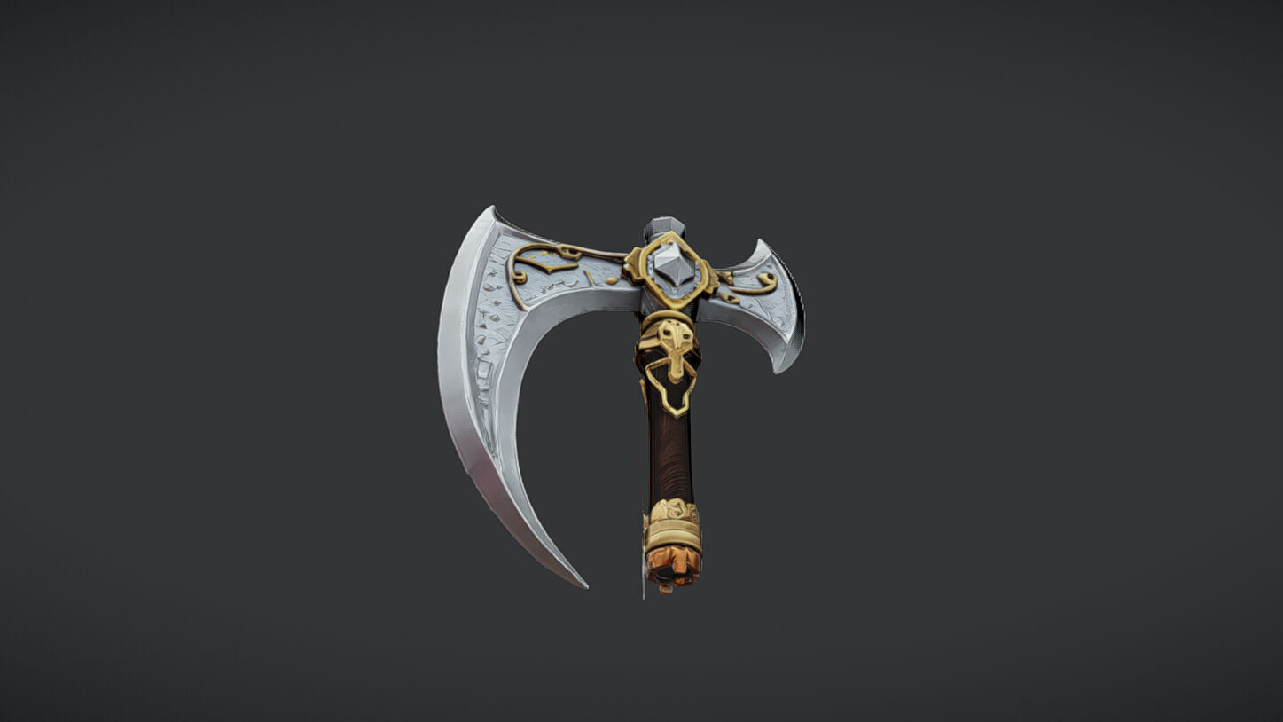 ornate decorative axe with intricate designs and long handle 3D model_9