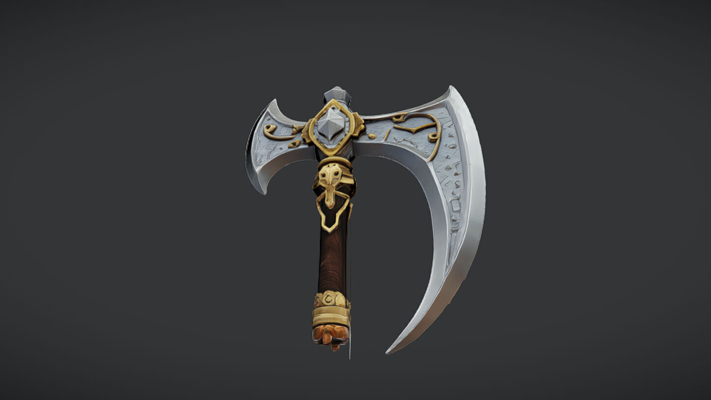 ornate decorative axe with intricate designs and long handle 3D model_3