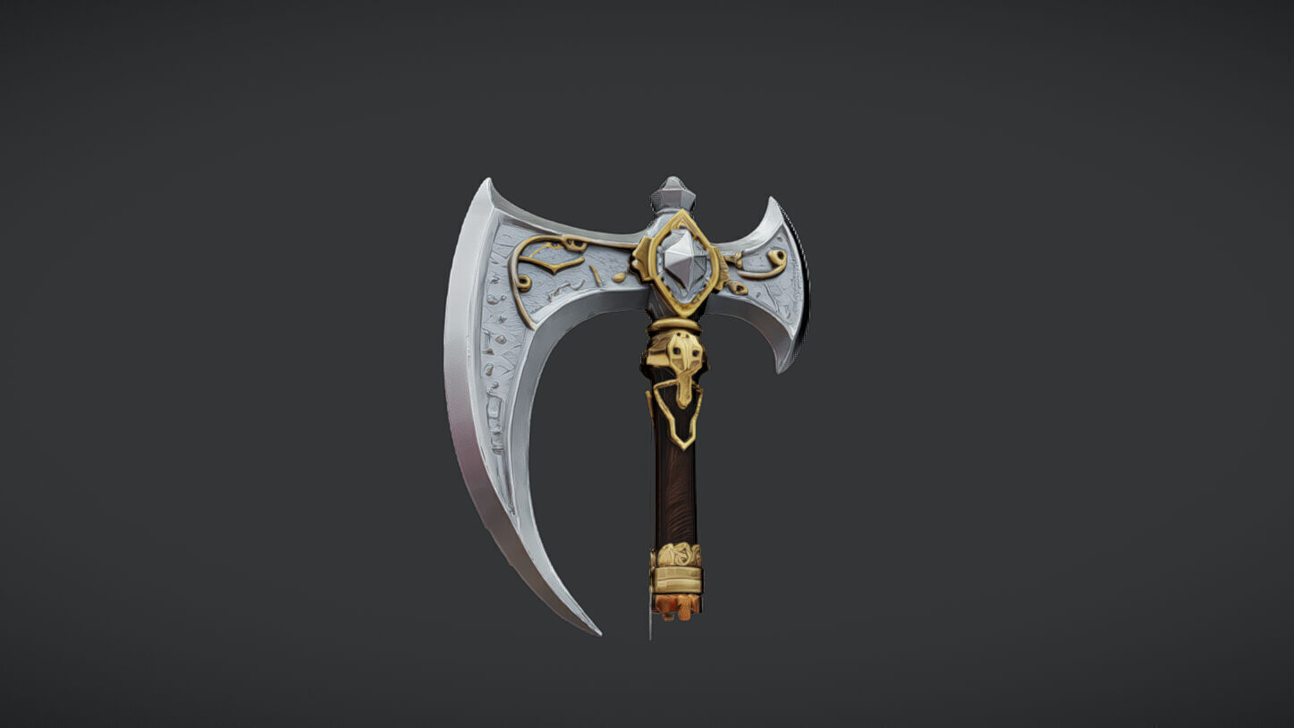 ornate decorative axe with intricate designs and long handle 3D model_15