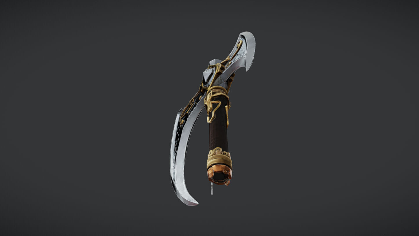 ornate decorative axe with intricate designs and long handle 3D model_1