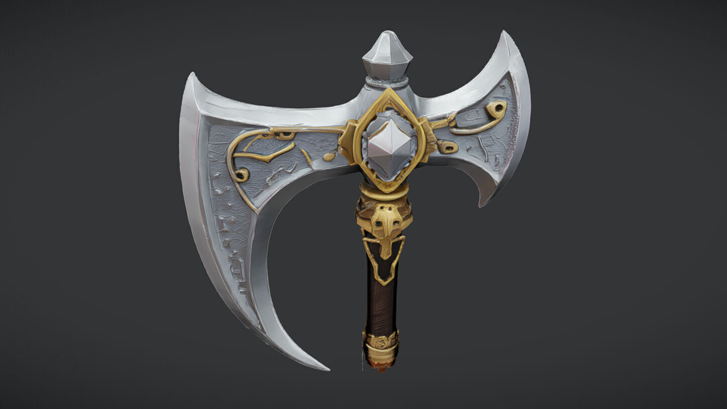ornate decorative axe with intricate designs and long handle 3D model_7