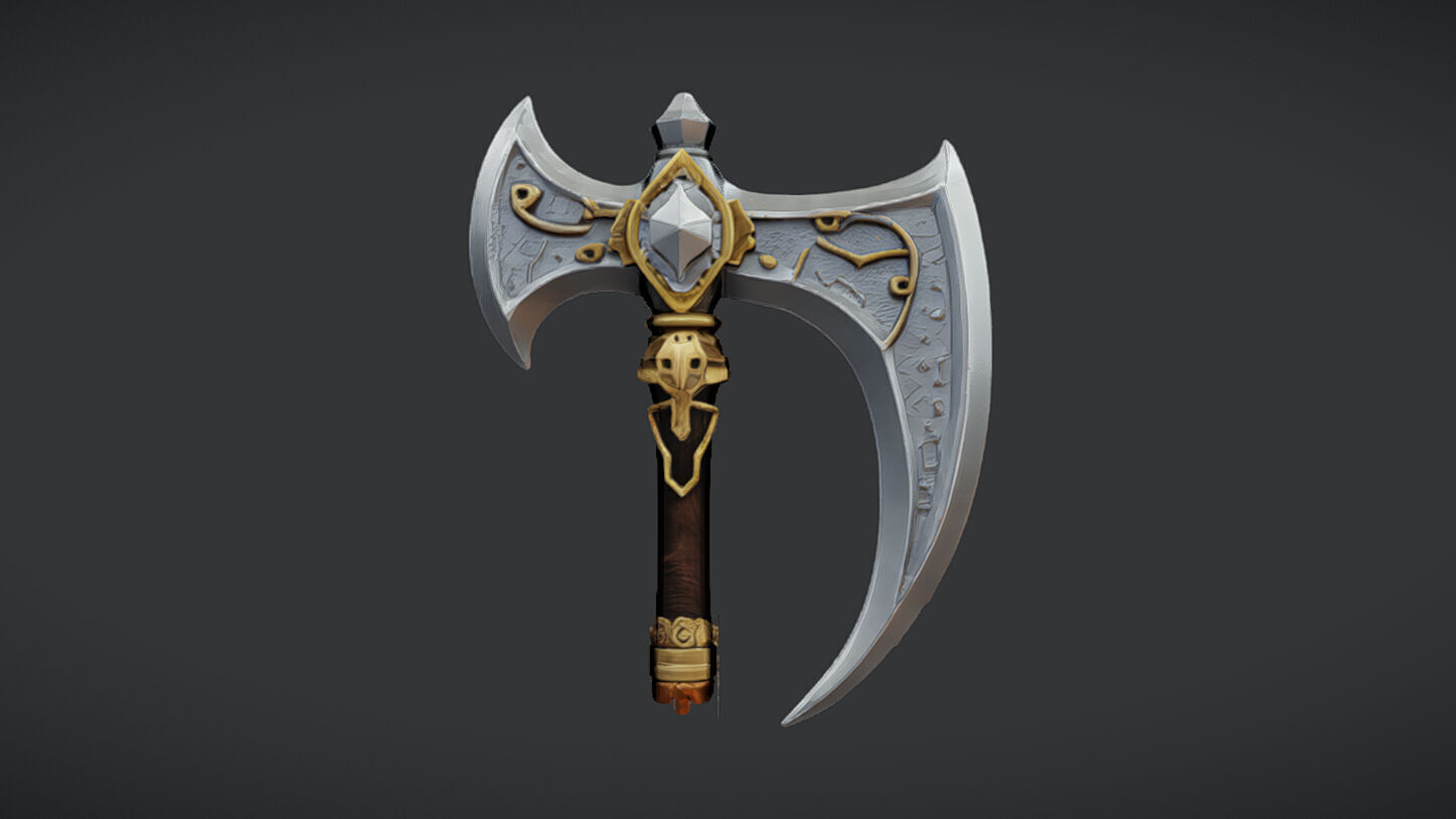 ornate decorative axe with intricate designs and long handle 3D model_5