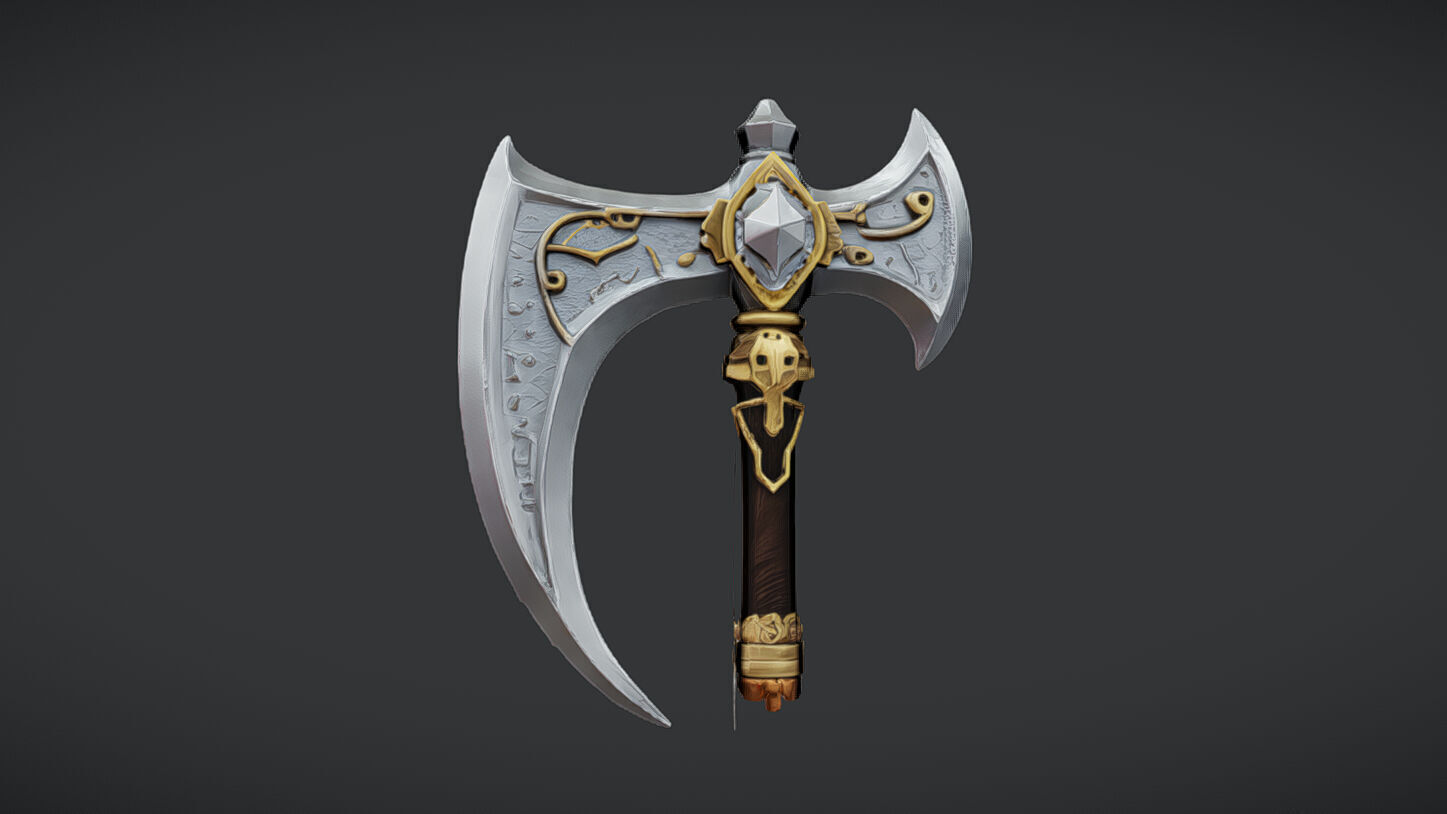 ornate decorative axe with intricate designs and long handle 3D model_6