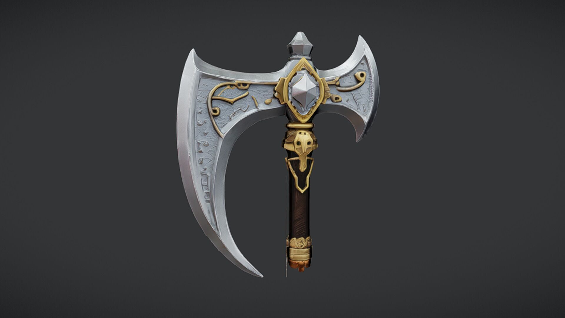 ornate decorative axe with intricate designs and long handle 3D model_16